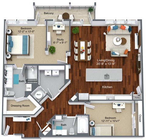 Floor plan for 2 beds, 2 baths, 1424 sqft